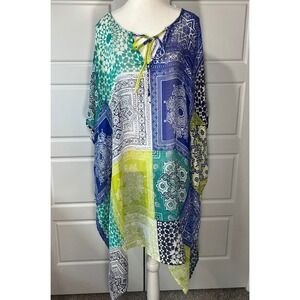 NWT Avenue Women's Patchwork‎ Print Cover-Up Tunic Top Blue Green Yellow OS